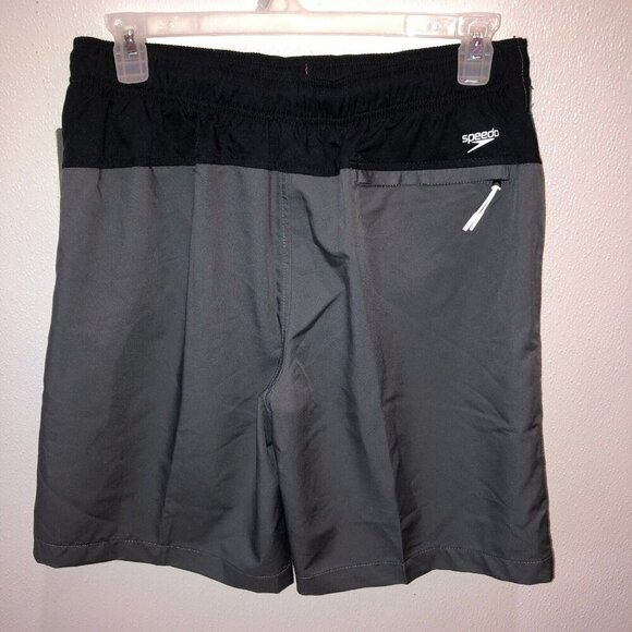 New Speedo Large Gray Black UPF 50 Drawstring Zip Pockets Swim Suit Trunks - Picture 6 of 11